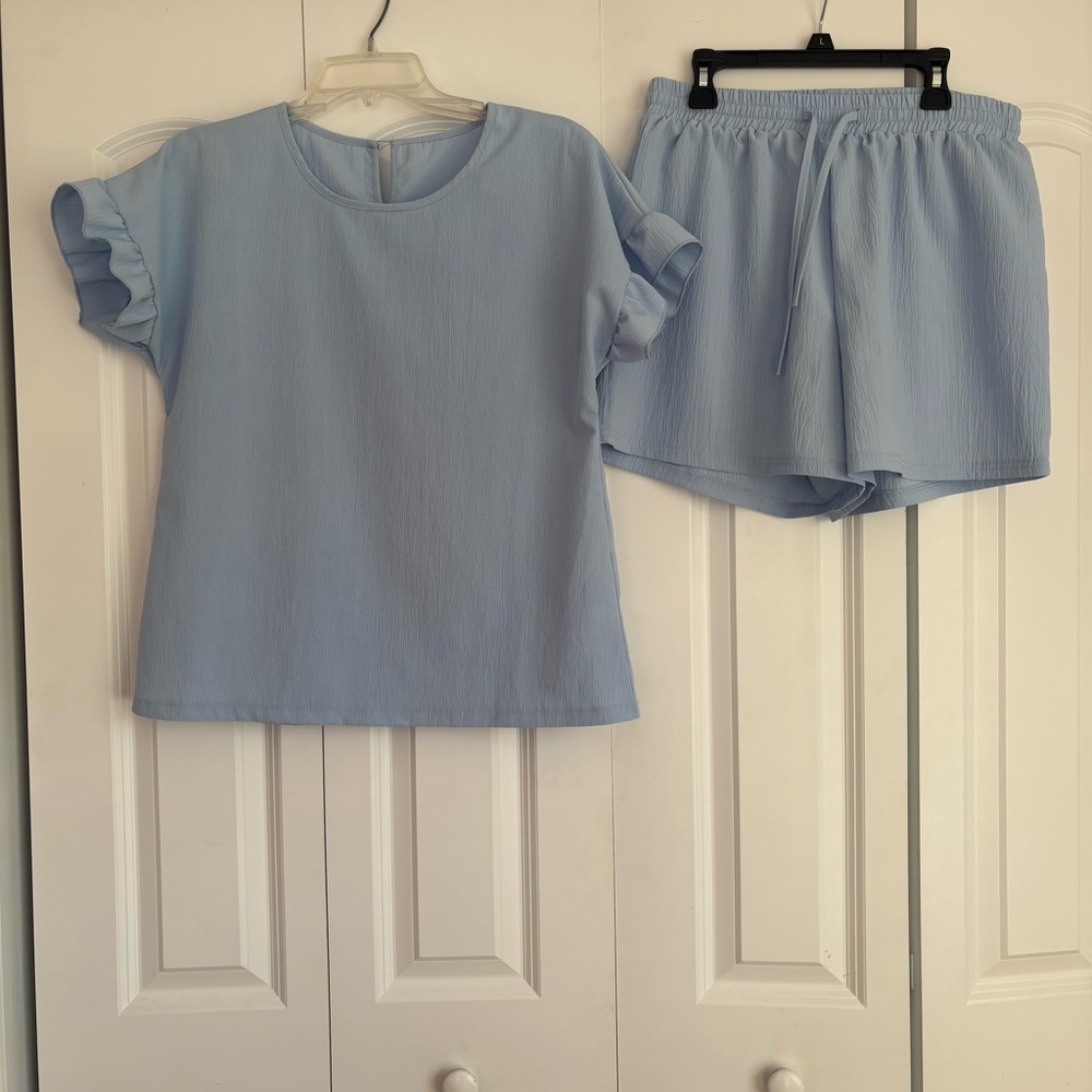 Light Blue Ruffle Sleeve Top and Shorts Set